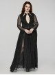 Sexy Black Elastic Spider Web Pattern Hollow Mesh Fabric With Adjustable Laces In The Front Center Gothic Style V-Neck Long Sleeved Dress