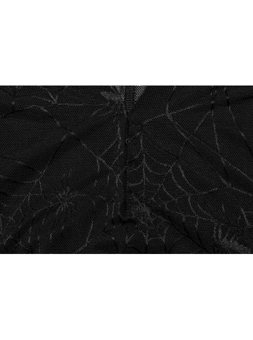 Sexy Black Elastic Spider Web Pattern Hollow Mesh Fabric With Adjustable Laces In The Front Center Gothic Style V-Neck Long Sleeved Dress