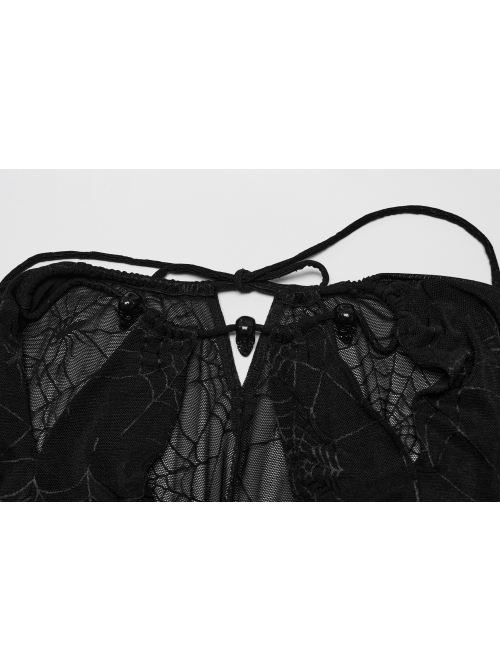 Sexy Black Elastic Spider Web Pattern Hollow Mesh Fabric With Adjustable Laces In The Front Center Gothic Style V-Neck Long Sleeved Dress