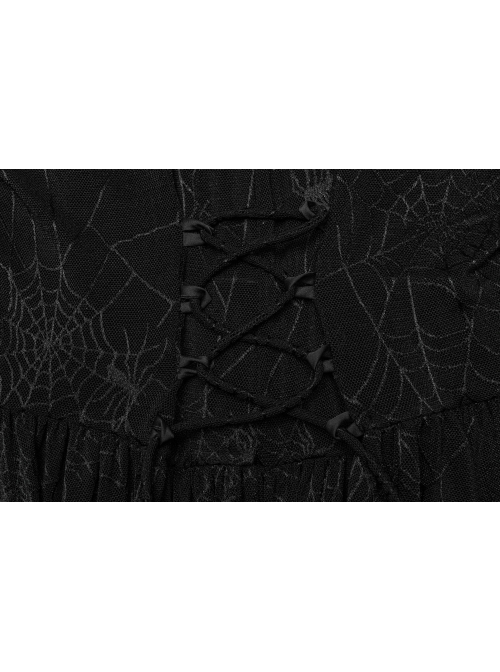 Sexy Black Elastic Spider Web Pattern Hollow Mesh Fabric With Adjustable Laces In The Front Center Gothic Style V-Neck Long Sleeved Dress