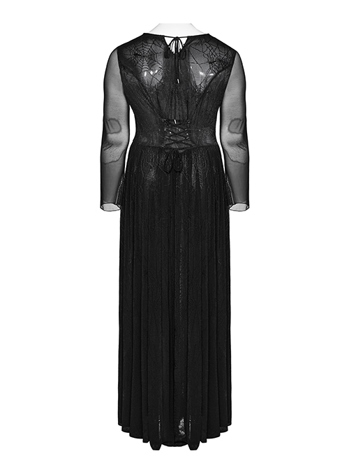 Sexy Black Elastic Spider Web Pattern Hollow Mesh Fabric With Adjustable Laces In The Front Center Gothic Style V-Neck Long Sleeved Dress