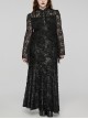 Black Lace Irregular Hole Knitted Back Panel Adjustable Tie Rope Gothic Style Open Collar Long Sleeve Dress