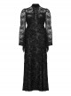 Black Lace Irregular Hole Knitted Back Panel Adjustable Tie Rope Gothic Style Open Collar Long Sleeve Dress