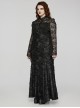Black Lace Irregular Hole Knitted Back Panel Adjustable Tie Rope Gothic Style Open Collar Long Sleeve Dress