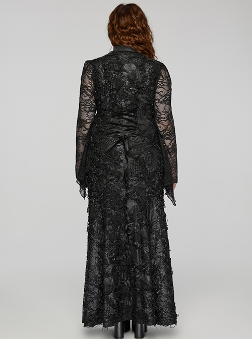 Black Lace Irregular Hole Knitted Back Panel Adjustable Tie Rope Gothic Style Open Collar Long Sleeve Dress