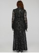 Black Lace Irregular Hole Knitted Back Panel Adjustable Tie Rope Gothic Style Open Collar Long Sleeve Dress