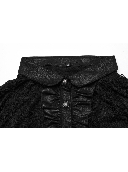 Black Lace Irregular Hole Knitted Back Panel Adjustable Tie Rope Gothic Style Open Collar Long Sleeve Dress