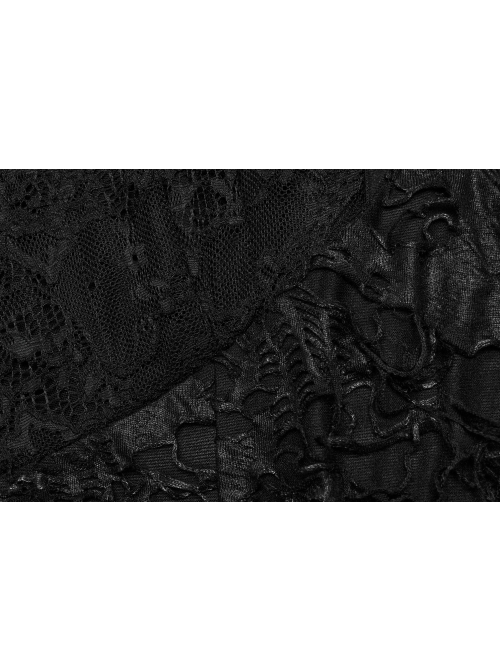 Black Lace Irregular Hole Knitted Back Panel Adjustable Tie Rope Gothic Style Open Collar Long Sleeve Dress
