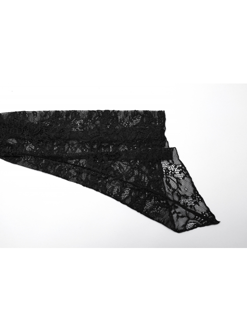 Black Lace Irregular Hole Knitted Back Panel Adjustable Tie Rope Gothic Style Open Collar Long Sleeve Dress