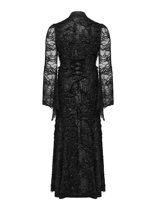 Black Lace Irregular Hole Knitted Back Panel Adjustable Tie Rope Gothic  Style Open Collar Long Sleeve Dress - Magic Wardrobes