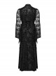 Black Lace Irregular Hole Knitted Back Panel Adjustable Tie Rope Gothic Style Open Collar Long Sleeve Dress