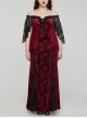 Sexy Black And Red Elastic Velvet With Lace Sleeves And Eyelet Decoration On The Hem Gothic Style V-Neck Embossed Dress