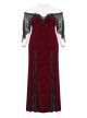 Sexy Black And Red Elastic Velvet With Lace Sleeves And Eyelet Decoration On The Hem Gothic Style V-Neck Embossed Dress