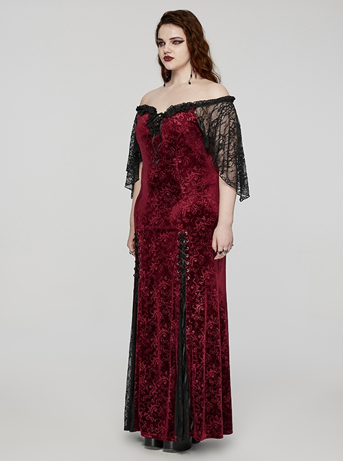 Sexy Black And Red Elastic Velvet With Lace Sleeves And Eyelet Decoration On The Hem Gothic Style V-Neck Embossed Dress