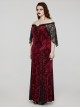 Sexy Black And Red Elastic Velvet With Lace Sleeves And Eyelet Decoration On The Hem Gothic Style V-Neck Embossed Dress
