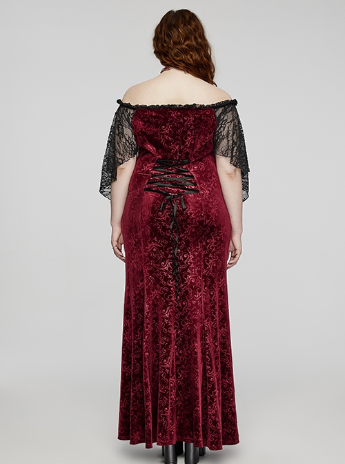 Sexy Black And Red Elastic Velvet With Lace Sleeves And Eyelet Decoration On The Hem Gothic Style V-Neck Embossed Dress