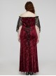 Sexy Black And Red Elastic Velvet With Lace Sleeves And Eyelet Decoration On The Hem Gothic Style V-Neck Embossed Dress
