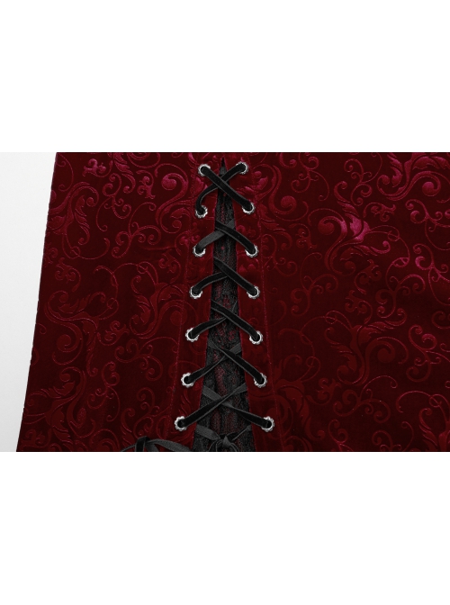 Sexy Black And Red Elastic Velvet With Lace Sleeves And Eyelet Decoration On The Hem Gothic Style V-Neck Embossed Dress