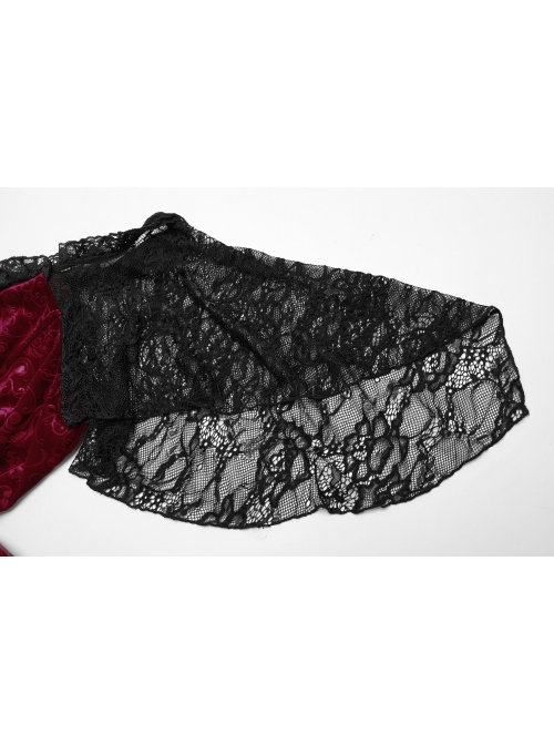 Sexy Black And Red Elastic Velvet With Lace Sleeves And Eyelet Decoration On The Hem Gothic Style V-Neck Embossed Dress