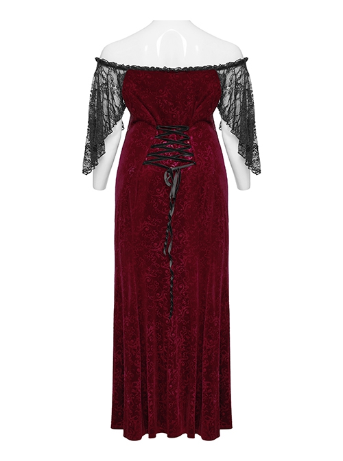 Sexy Black And Red Elastic Velvet With Lace Sleeves And Eyelet Decoration On The Hem Gothic Style V-Neck Embossed Dress