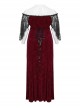 Sexy Black And Red Elastic Velvet With Lace Sleeves And Eyelet Decoration On The Hem Gothic Style V-Neck Embossed Dress