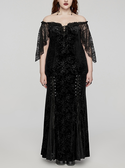 Sexy Black Elastic Velvet With Lace Sleeves And Eyelet Decoration On The Hem Gothic Style V-Neck Embossed Dress
