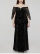 Sexy Black Elastic Velvet With Lace Sleeves And Eyelet Decoration On The Hem Gothic Style V-Neck Embossed Dress