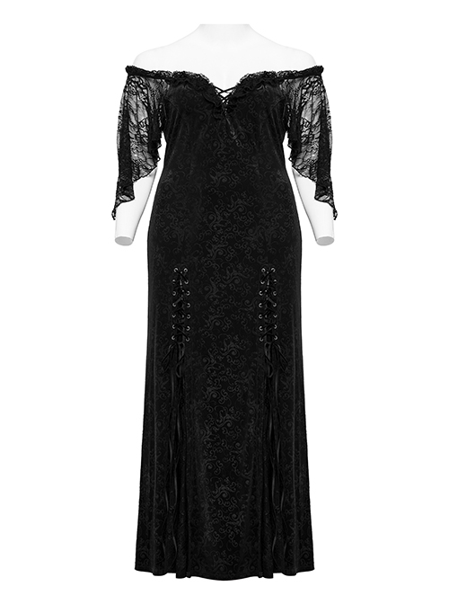 Sexy Black Elastic Velvet With Lace Sleeves And Eyelet Decoration On The Hem Gothic Style V-Neck Embossed Dress