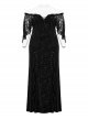 Sexy Black Elastic Velvet With Lace Sleeves And Eyelet Decoration On The Hem Gothic Style V-Neck Embossed Dress