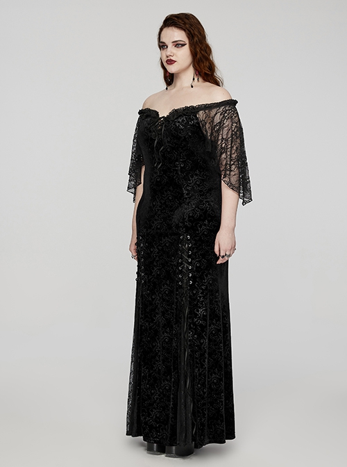 Sexy Black Elastic Velvet With Lace Sleeves And Eyelet Decoration On The Hem Gothic Style V-Neck Embossed Dress