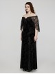 Sexy Black Elastic Velvet With Lace Sleeves And Eyelet Decoration On The Hem Gothic Style V-Neck Embossed Dress