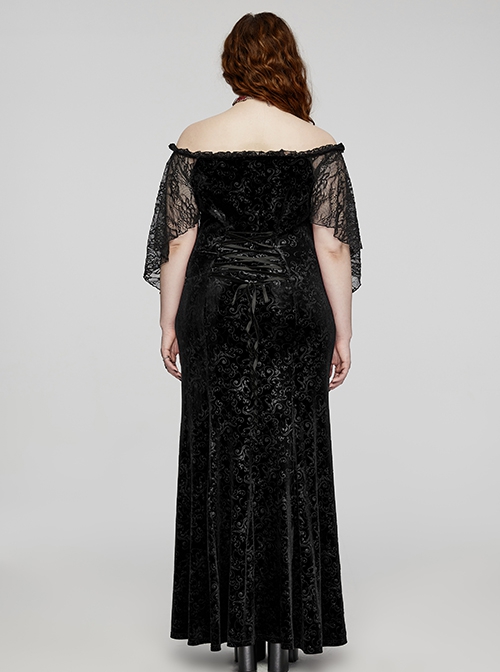 Sexy Black Elastic Velvet With Lace Sleeves And Eyelet Decoration On The Hem Gothic Style V-Neck Embossed Dress