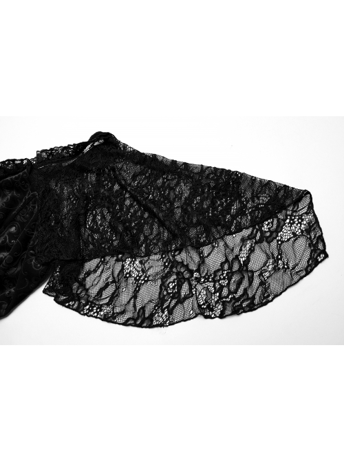 Sexy Black Elastic Velvet With Lace Sleeves And Eyelet Decoration On The Hem Gothic Style V-Neck Embossed Dress