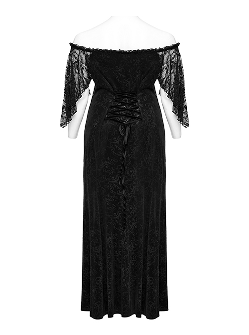 Sexy Black Elastic Velvet With Lace Sleeves And Eyelet Decoration On The Hem Gothic Style V-Neck Embossed Dress