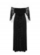 Sexy Black Elastic Velvet With Lace Sleeves And Eyelet Decoration On The Hem Gothic Style V-Neck Embossed Dress