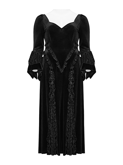 Gorgeous Black Embossed Velvet With Lace Bat Collar And Adjustable Back Tie Gothic Style Trumpet Sleeve Dress