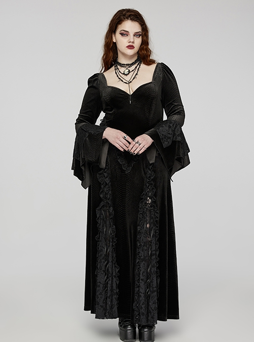 Gorgeous Black Embossed Velvet With Lace Bat Collar And Adjustable Back Tie Gothic Style Trumpet Sleeve Dress