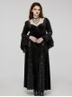 Gorgeous Black Embossed Velvet With Lace Bat Collar And Adjustable Back Tie Gothic Style Trumpet Sleeve Dress