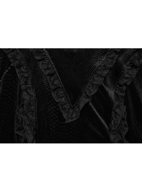 Gorgeous Black Embossed Velvet With Lace Bat Collar And Adjustable Back Tie Gothic Style Trumpet Sleeve Dress