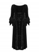 Gorgeous Black Embossed Velvet With Lace Bat Collar And Adjustable Back Tie Gothic Style Trumpet Sleeve Dress