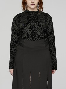Black Elastic Flocked Printed Knitted High Collar Gothic Style Long Sleeve T-Shirt