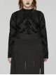 Black Elastic Flocked Printed Knitted High Collar Gothic Style Long Sleeve T-Shirt