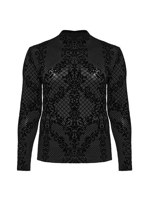 Black Elastic Flocked Printed Knitted High Collar Gothic Style Long Sleeve T-Shirt