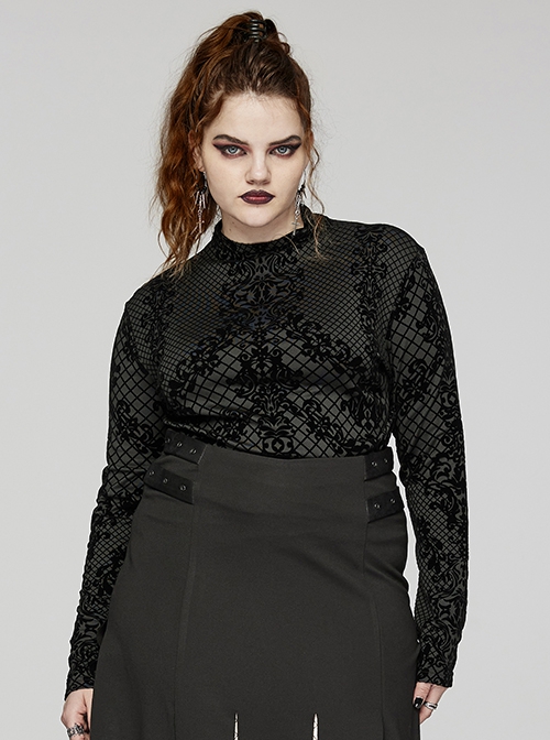 Black Elastic Flocked Printed Knitted High Collar Gothic Style Long Sleeve T-Shirt