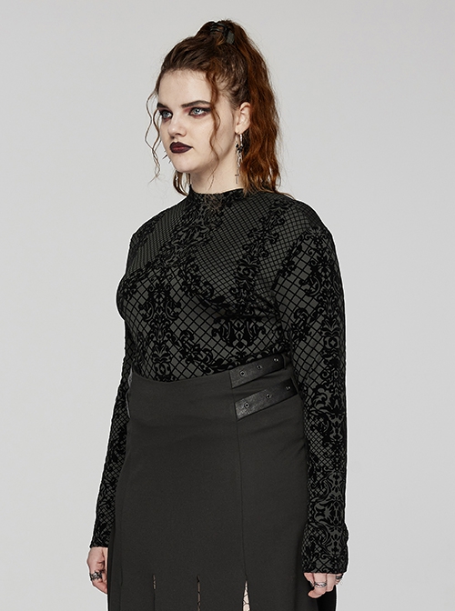 Black Elastic Flocked Printed Knitted High Collar Gothic Style Long Sleeve T-Shirt