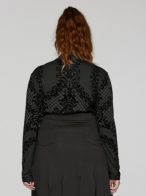 Black Elastic Flocked Printed Knitted High Collar Gothic Style Long Sleeve T-Shirt