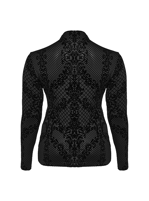 Black Elastic Flocked Printed Knitted High Collar Gothic Style Long Sleeve T-Shirt