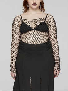 Black Sexy Hollow Elastic Diamond Mesh Punk Style Versatile Long-Sleeved T-Shirt