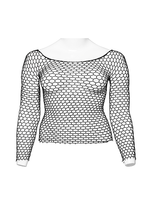 Black Sexy Hollow Elastic Diamond Mesh Punk Style Versatile Long-Sleeved T-Shirt