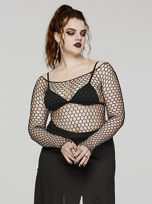 Black Sexy Hollow Elastic Diamond Mesh Punk Style Versatile Long-Sleeved T-Shirt
